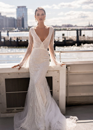 Long Sleeve Ivory Lace Wedding Dress Cathedral Dress